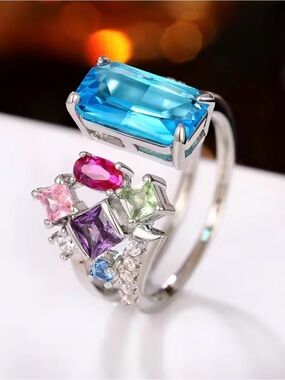 Multistone Silver Bright Blue Ring.